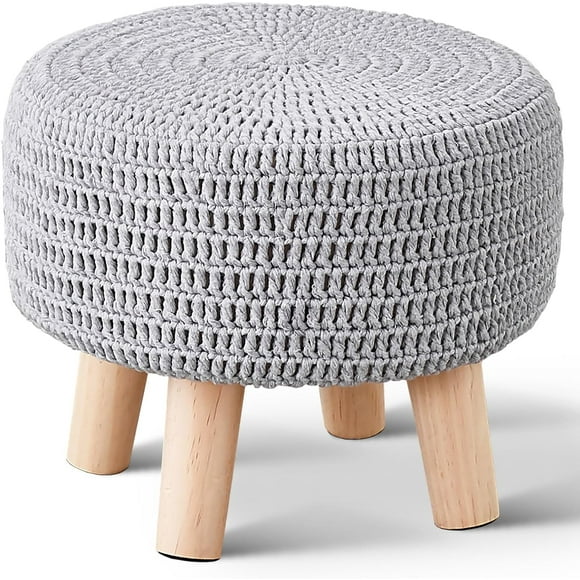 Small Ottomans, 100% Hand Knitted Pouf Ottoman, Round Footrest with 4 Non-Skid Wood Legs, Boho Décor Cotton Rope Pouffe Beside Sofa, Leisure Floor Step Chair for Living Room (Grey)