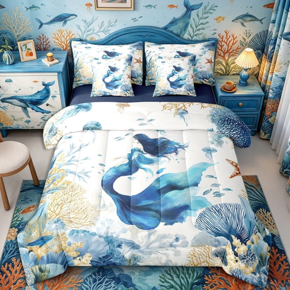 Castle Fairy Dreamy Watercolor Mermaid Print 7-Piece Twin Bedding,Coral Jellyfish Pastel Sea Layout Bedding Comforter Set,Sky Lavender,Navy Blue Reversible