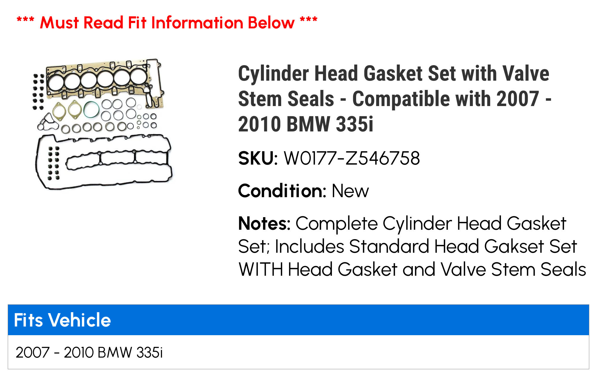 Cylinder Head Gasket Set with Valve Stem Seals Compatible with 2007  2010 BMW 335i 2008 2009