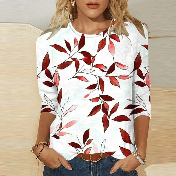 LYEAA Fashion Printed 3/4 Sleeve Tops for Women Round Neck Loose Fit T-Shirt Vintage Inspired Casual Blouse Vacation Spring Outfits Red S