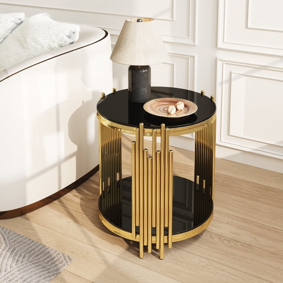 MIKIBAMA Modern Gold Stainless Steel Frame Round Glass Top End Table