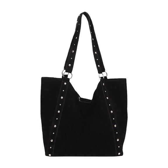HUISZJ Faux Suede Shoulder Bag, Rivet Handheld Tote Bag, Large Capacity Shoulder Bag for Shopping Work School (Black)