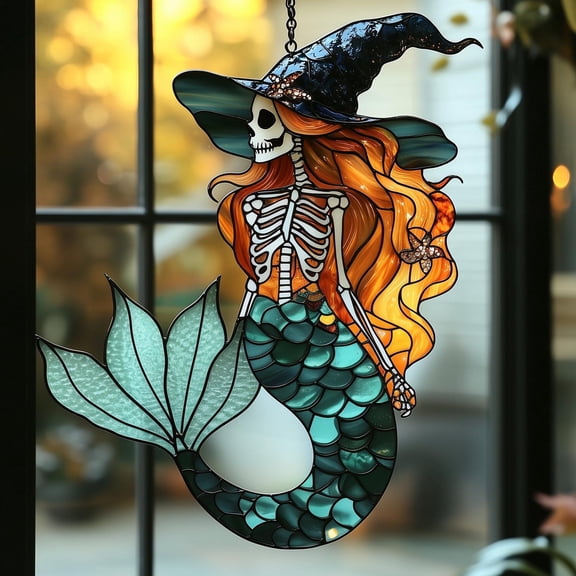 Skeleton Mermaid Witch Acrylic Suncatcher – Sea Witch Faux Stained Glass Window Hanging With Star Hat, Spooky Halloween Decor Gift