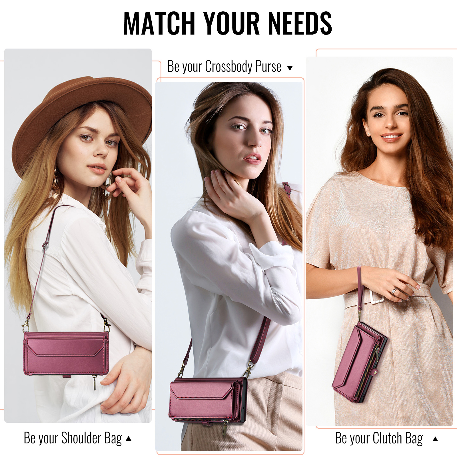 Compatible with Samsung Galaxy S25 Plus S25+ 5G Zipper Wallet Phone Case Tempered Glass Screen Protector Crossbody Lanyard Strap Flip Card Holder Slot Cell Cover for S25Plus 25S + S 25 Women Wine Red
