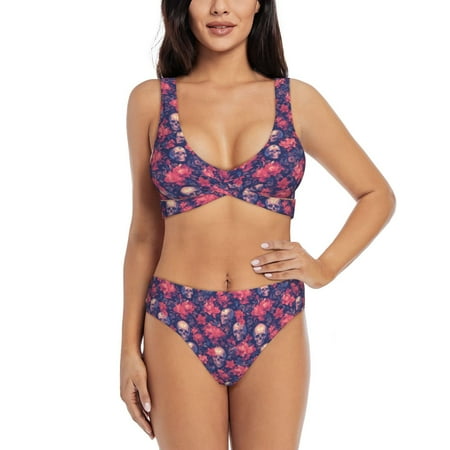 Zeuib red Skull flower High Waisted Tummy Control Bikini Set - Knot Front Push Up Top & Cheeky Thong Bottom  Two-Piece Swimsuit for Women-XX-Large