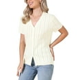 thumbnail image 4 of INSPIRE CHIC Eyelet Tops for Women's Summer V Neck Short Sleeve Knit Button Down Shirts S Beige, 4 of 6