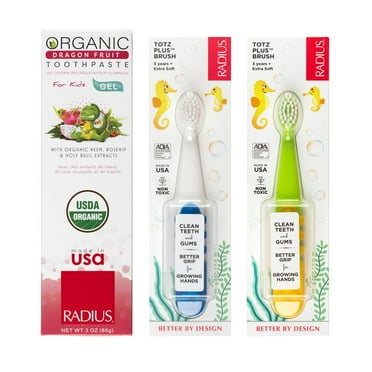 RADIUS Toddler Toothbrush and Toothpaste Bundle for Kids, 2 Pack Totz Extra Soft Brush in White and Green and 1 Count Dragon Fruit Toothpaste, For Children 18 Months and Up