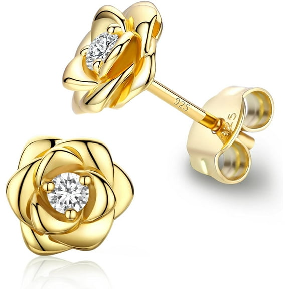 Gold Plated Sterling Silver Rose Flower Earring Studs, Hypoallergenic & Nickel Free Earrings for Women
