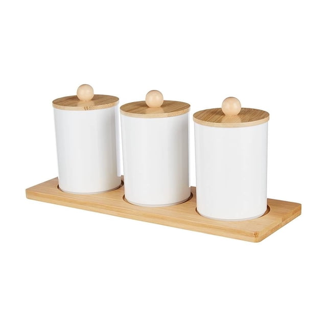 Set de Tres Contenedores Home Trends Organizadoores de Plástico con Tapa de Bambú para Baño