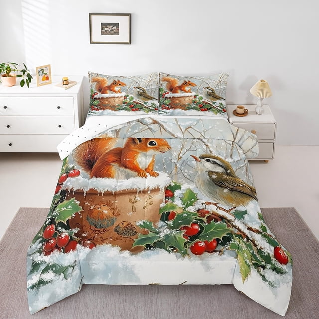 Erosebridal Cartoon Squirrel Bird Bedding Full Comforter Set, Botanical Tree Fruit Down Comforter, REversible 3 Pieces, Microfiber