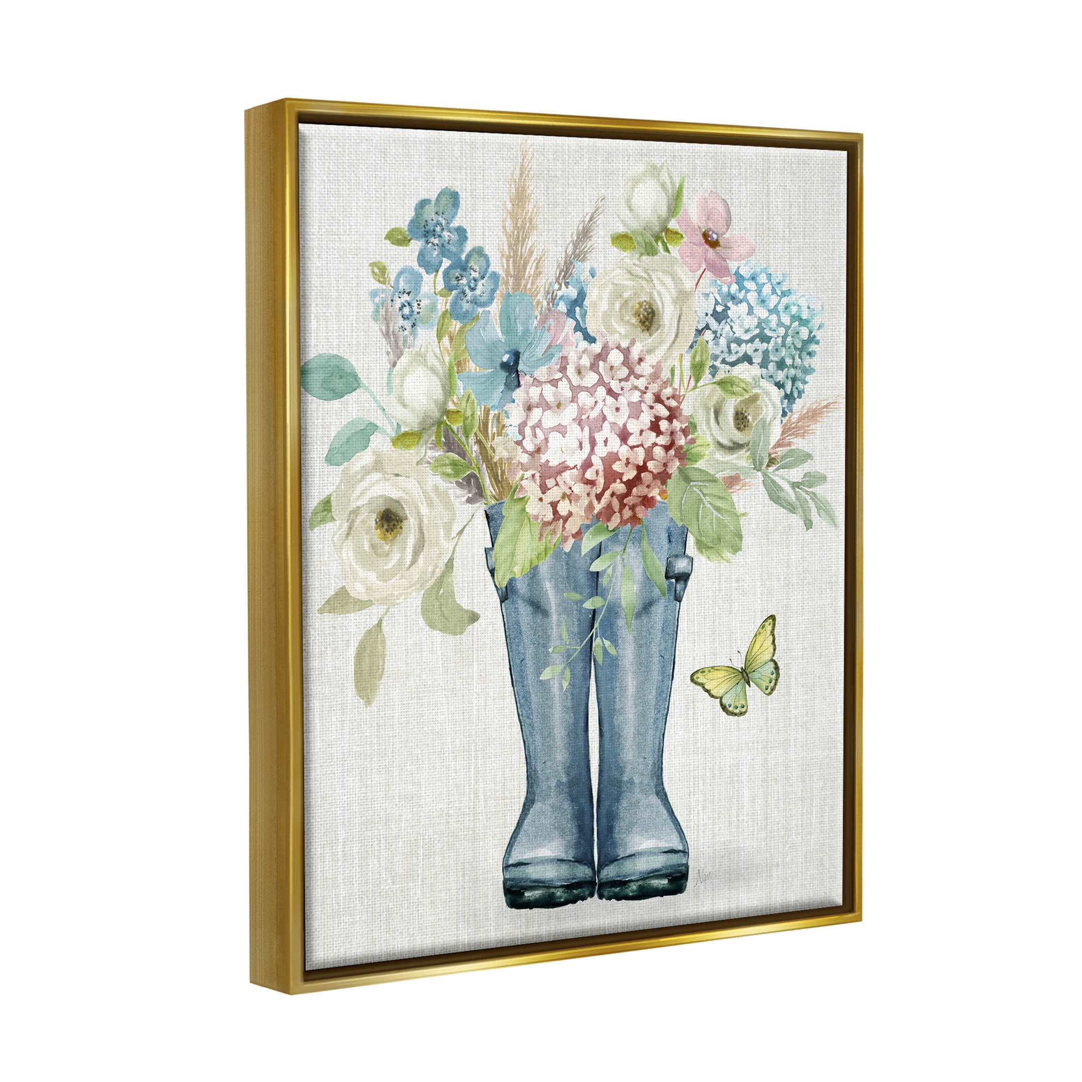 Rain Boots Flower Bouquet Botanical & Floral Graphic Art Metallic Gold Framed Art Print Wall Art