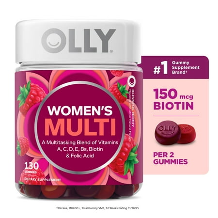 OLLY Women's Multivitamin Gummy Supplement, Vitamins A, D, C, E, Biotin, Folic Acid, 130 Count