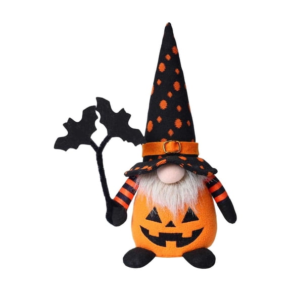 Halloween Gnome Plush Dressed in Pumpkin Outfit, Spooky Faceless Doll Ornament with Tall Witch Hat and Wand, Soft Fabric Swedish Tomte Elf Figurines for Table Tiered Tray Home Office Decor, A