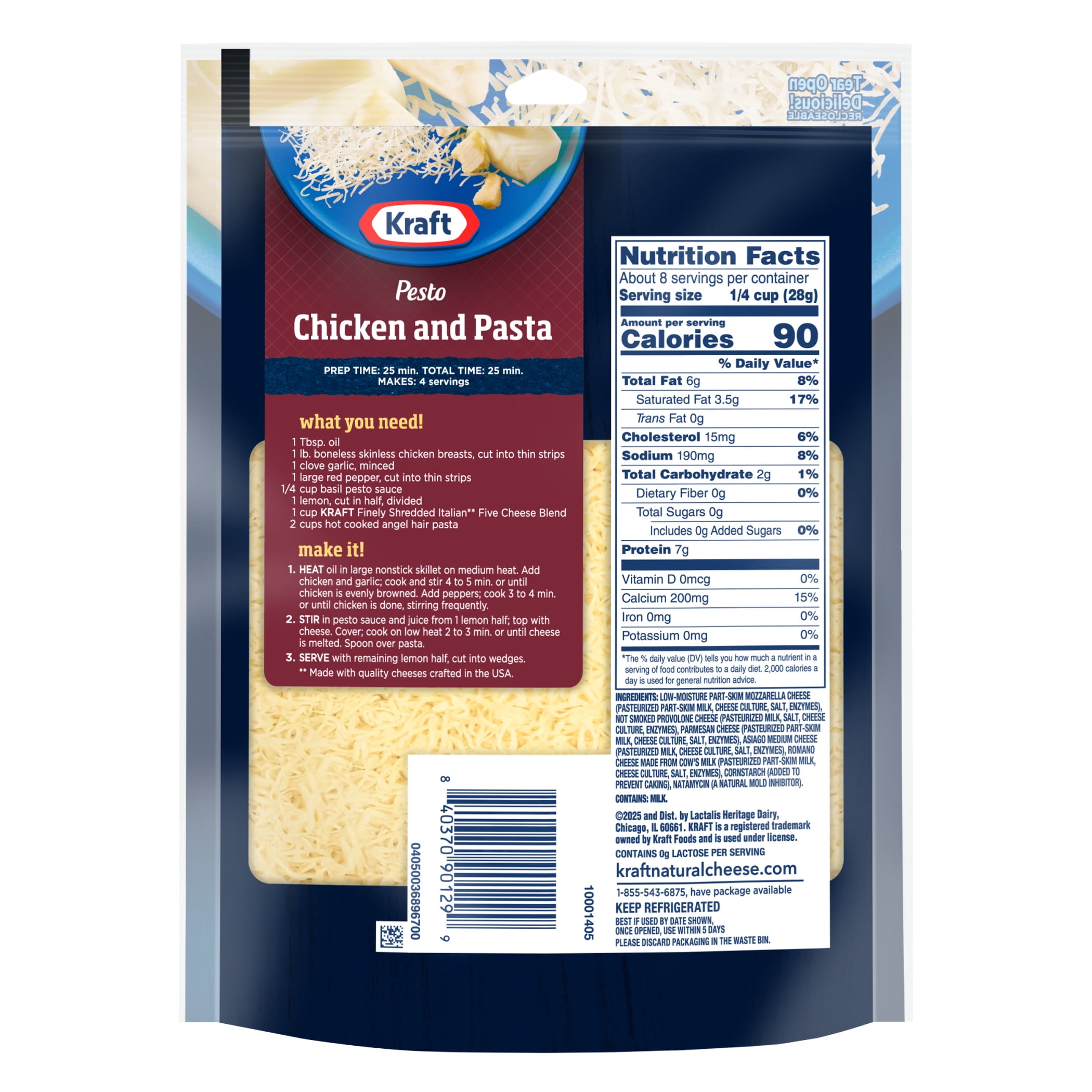 Kraft Natural Italian Five Cheese Blend Finely Shredded Cheese, 8 oz Bag