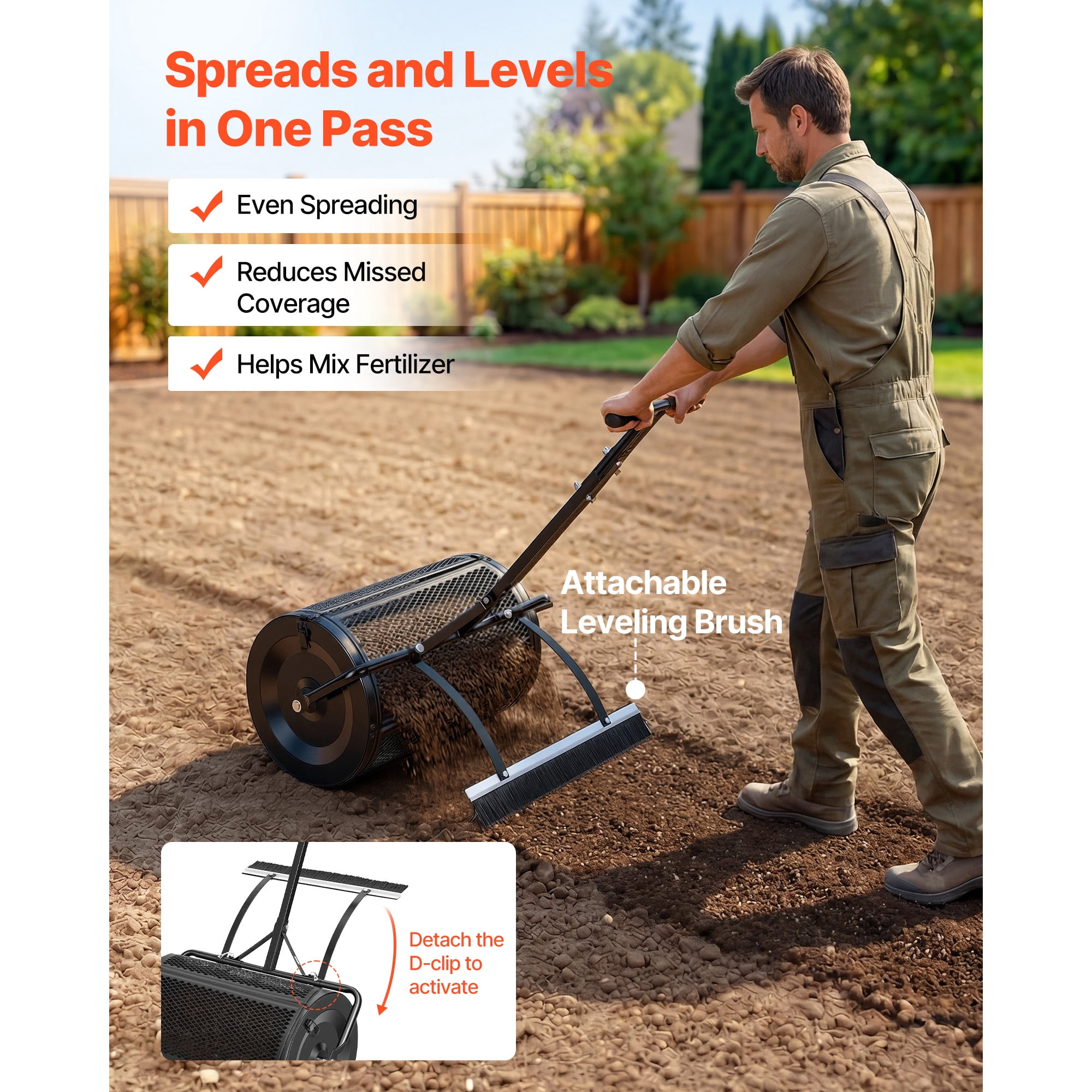 KFFKFF 24" Wide Compost Spreader with Adjustable Handle and Brush, Durable Steel Roller for Garden Planting and Seeding
