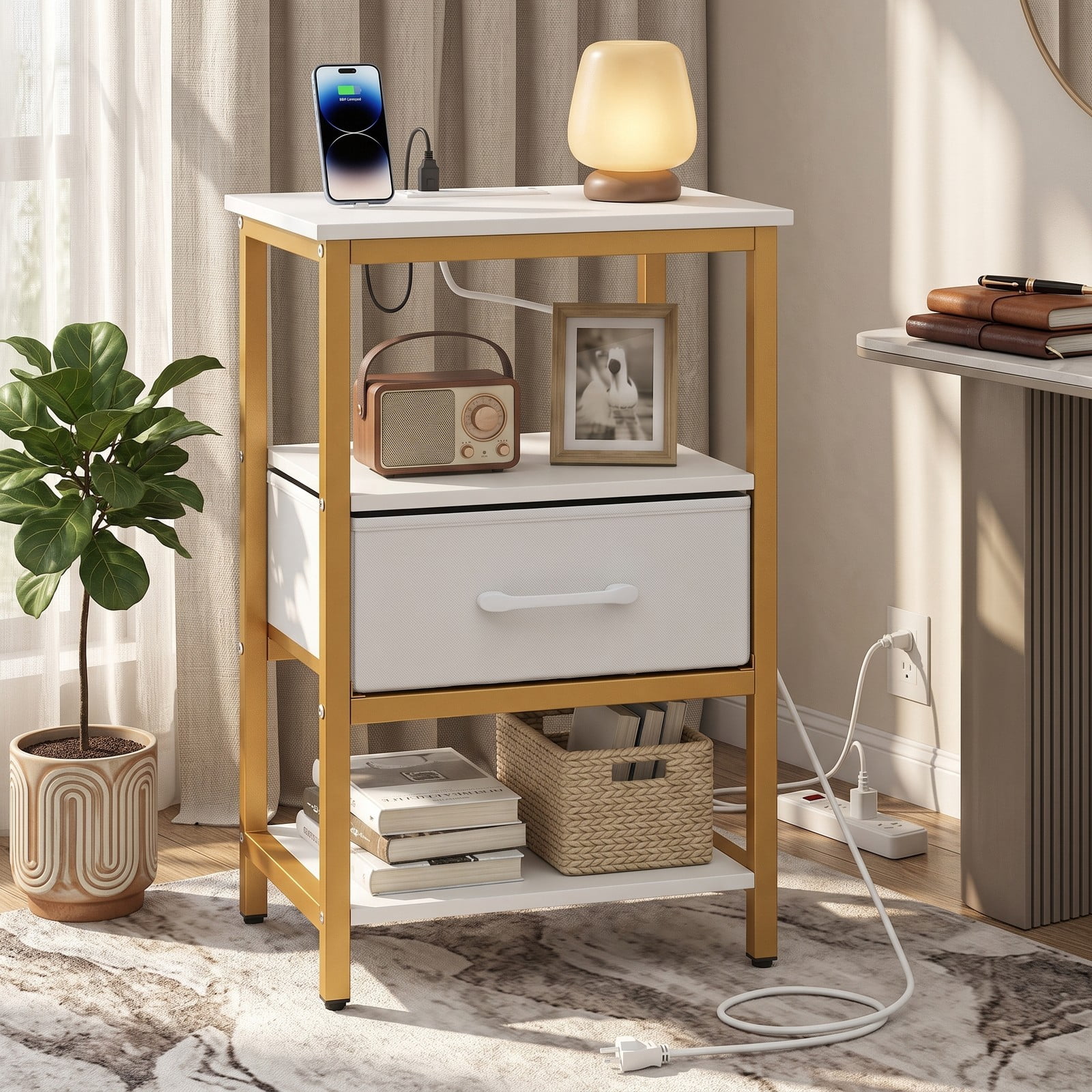 Furnibear Nightstand with Charging Station and Foldable Fabric Drawer and Open Shelves for Bedroom and Living Room, Bedside Table, White and Gold