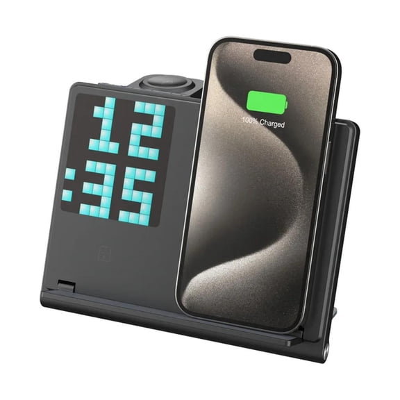 3 in 1 Folding 15W Magnetic Wireless Charger Clock Night Light for Smartphones Smartwatches & Earbuds Fast Charging Dock Station-Black