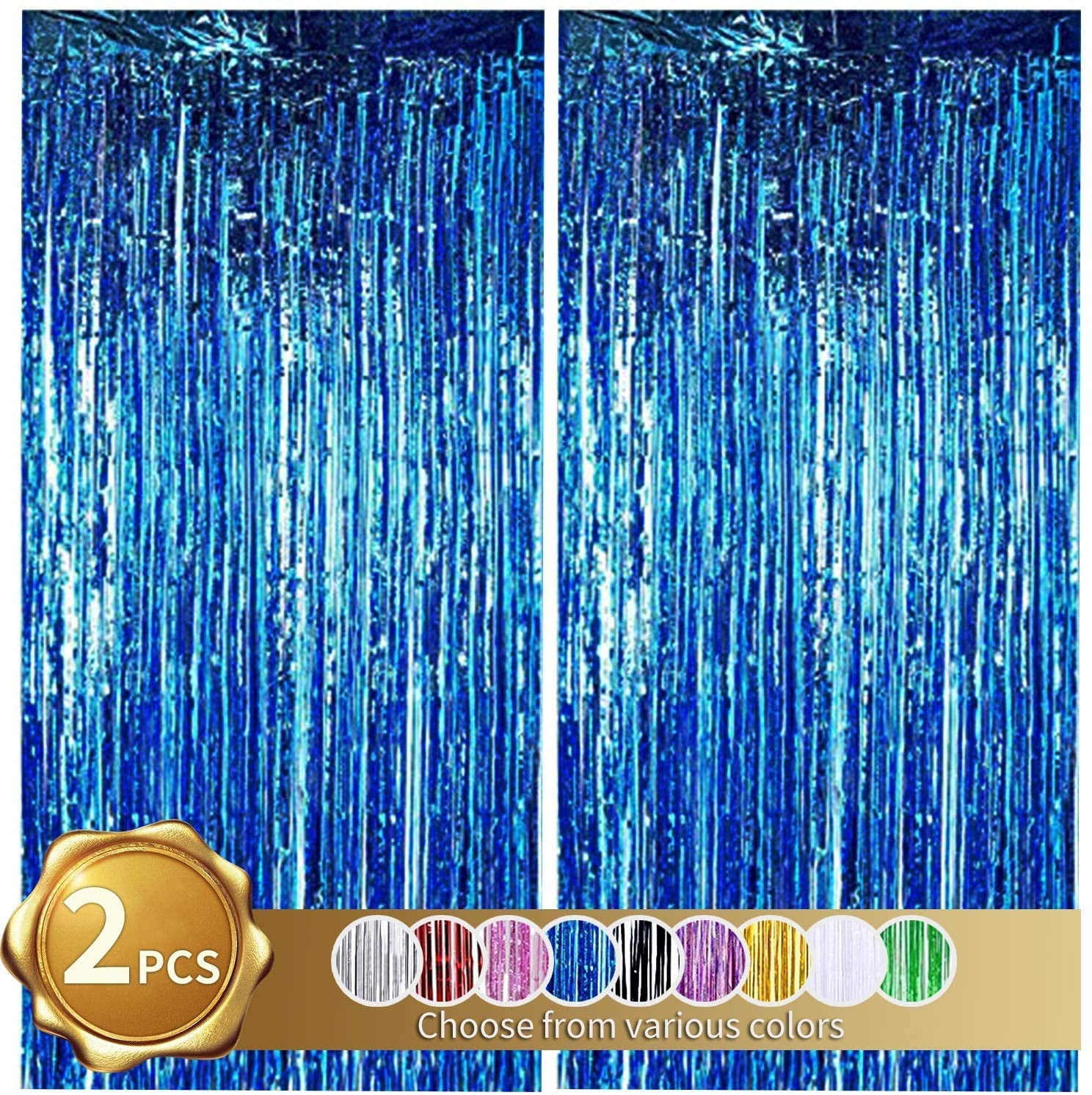 2 pieces foil fringed curtain, blue tinsel metallic curtains, photo backdrop for wedding