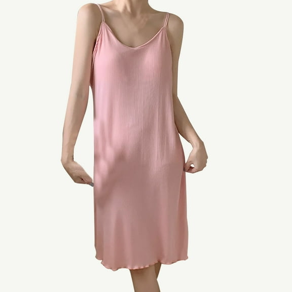 yunLCZ Womens Nightgowns Womens Cotton Sleeveless Nightgown Spaghetti Strap V Neck Full Slip Sleep Dress