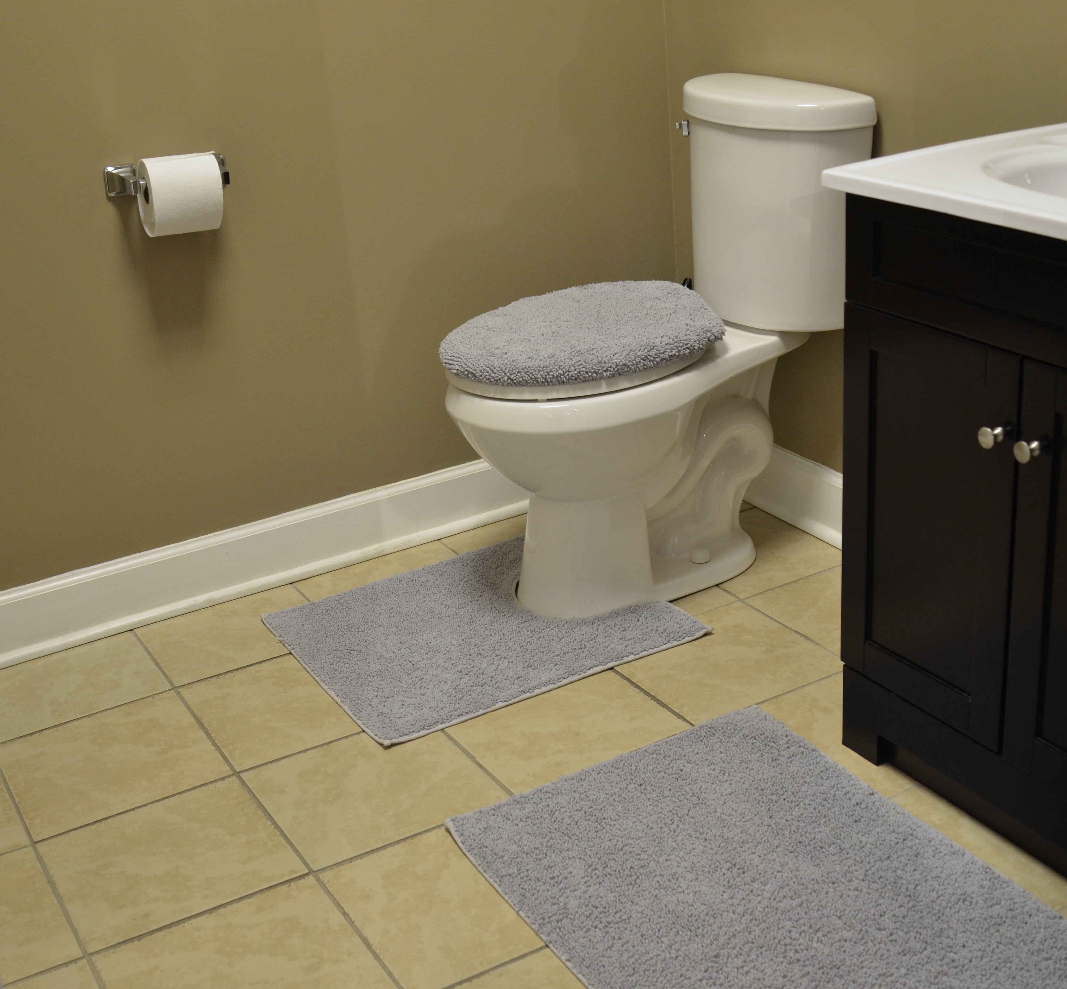 Garland Rug Classic Cotton Washable Bath Rug Set, 3 Piece Set (21"x34" Bath Rug, Contour Rug, & Toilet Lid) Platinum Gray