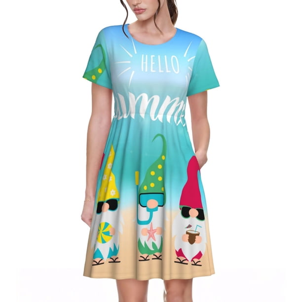 Fotbe Hello Summer Gnome 1 Vestido Largo de Moda para Mujer, Vestido Tipo Camiseta con Manga Corta y Estilo Casual a Rayas y Bloques de Color