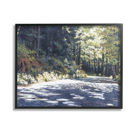 Stupell Industries Sunlit Woodland Road Landscape Painting Black Framed Art Print Wall Art, 14 x 11