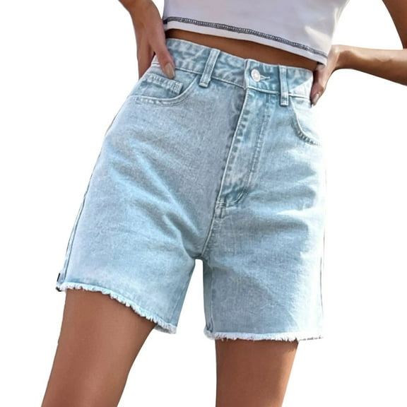 DHFJKG Women's Denim Shorts High Waisted Loose Fit Summer Row Hem Distressed Washed Flat Front Jean Shorts With Pockets Trendy Bottoms