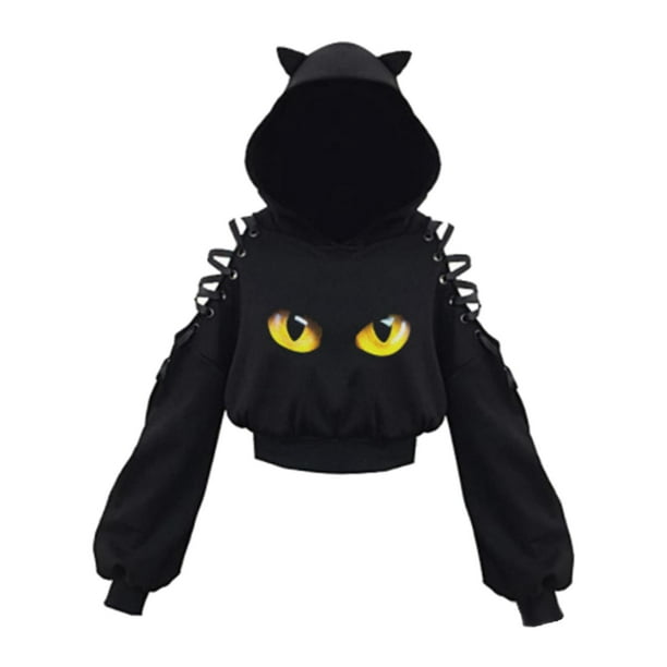 Sudadera con capucha con para mujer top corto con capucha blusa linda sudaderas con capucha recortadas de gato suave sueter suelto SG Salvador Sudadera con capucha Walmart en linea
