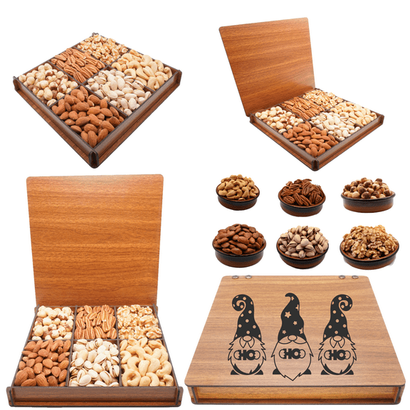 Reusable Wooden Gift, Assortment Gourmet Nuts, Holiday Christmas Nuts Gift Basket, Family Gift