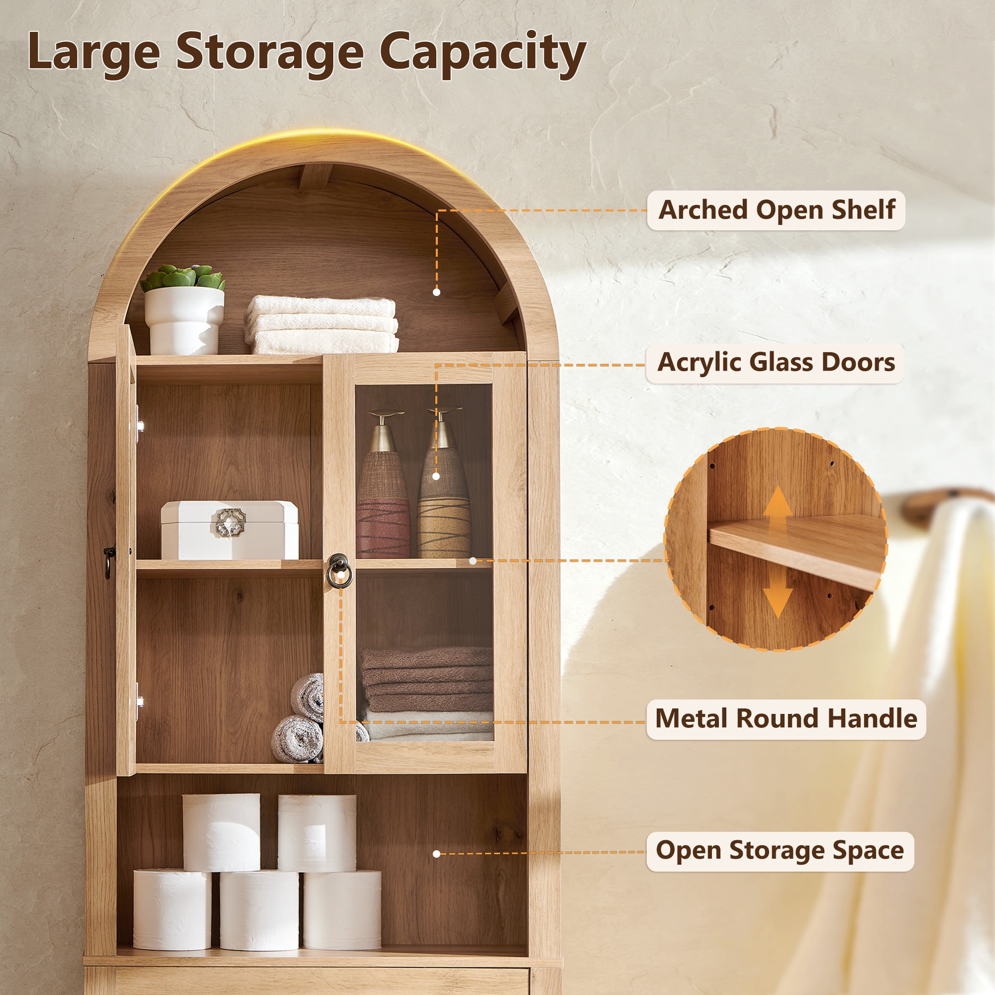 SinCiDo Arched Over The Toilet Storage Cabinet, Modern Bathroom Shelf Over Toilet with Acrylic Doors, Wooden Bathroom Space Saver Organizer above Toilet with Adjustable Shelf
