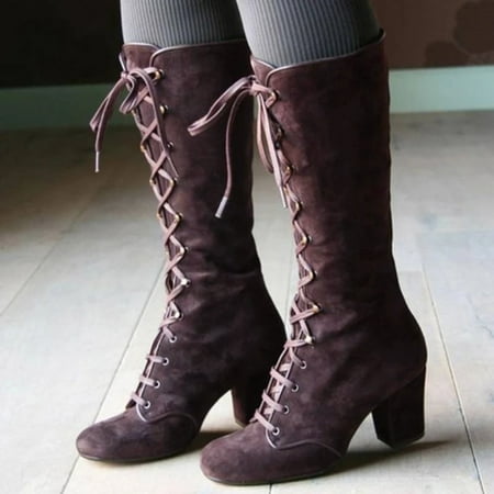 

TALKVE Women Fashion Casual Vintage Retro Mid-Calf Boots Lace Up Thick Heels Shoes