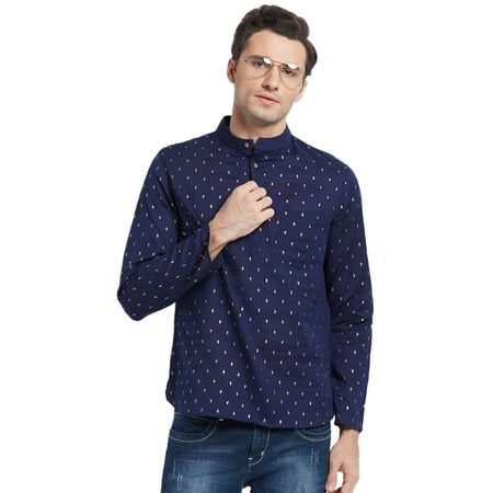 Mandarin Collar Shirt - Shatranj Men's Mandarin Collar Shirt-Length Untucked Block Print Kurta Tunic