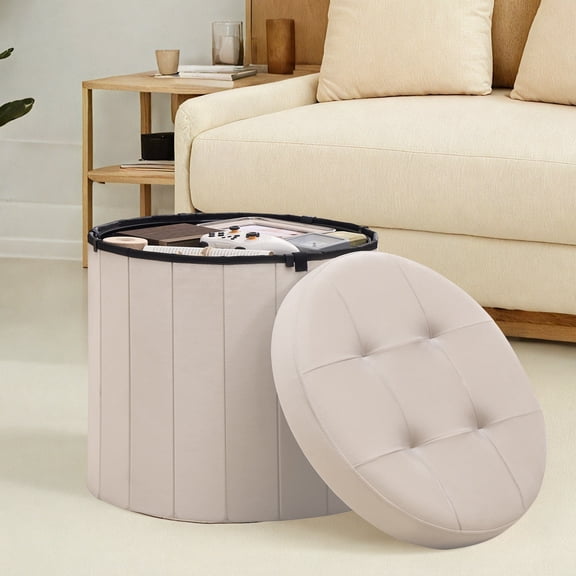 LEDREM Round Storage Ottoman with Removable Lid, 18.1 Inch Folding Footrest Stool with Velvet Cover, Cappuccino Beige