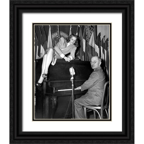 Vintage Hollywood Archive 12x14 Black Ornate Wood Framed with Double Matting Museum Art Print Titled - Lauren Bacall, Harry Truman, 1945