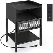 Nightstand with Charging Station End Table with Drawers, Black