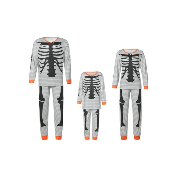 Qiylii Family Matching Pajamas Set Skeleton Print O-Neck Long Sleeve Tops+Trousers
