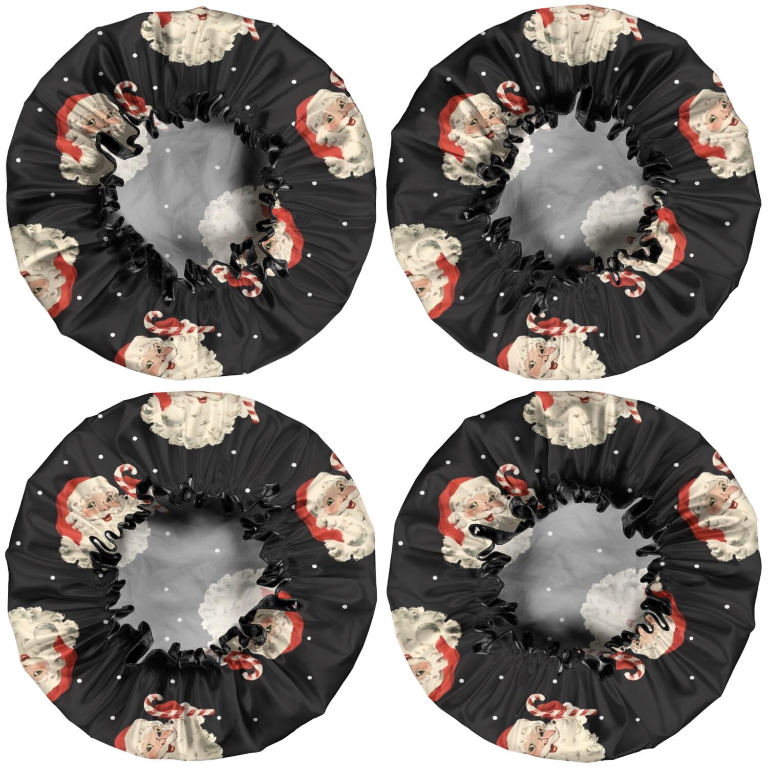 Shower Caps,Black Christmas Santa Pattern Waterproof Shower Cap for Women 4 Pieces,Double Reusable Hair Cover for Shower PEVA Elastic Stretch Hem