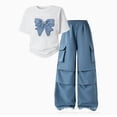 thumbnail image 2 of GXWEA Cute Clothes For Girls Girls Fashion Outfit Bow Print Short Sleeve + Blue Cargo Wide Leg Pants 2 Piece Set(12-13 Years,Blue), 2 of 7