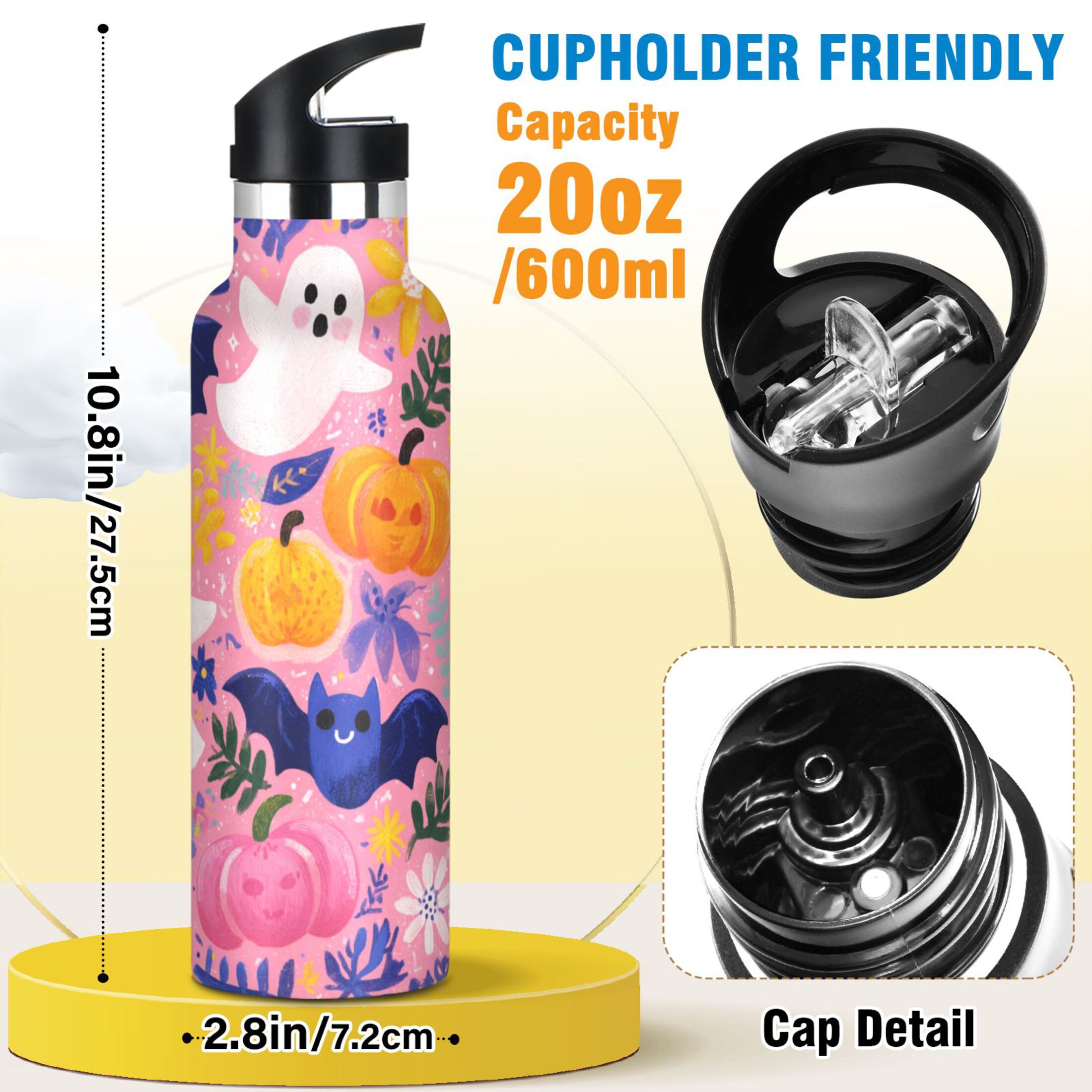 Kids Insulated Stainless Steel Sports Water Bottle 600ml (20oz) Pink Cute Halloween Ghosts Pattern