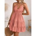 thumbnail image 3 of Coral Orange Womens Ruched Halter Mini Dress, Tiered Shirred A-Line, 3 of 7