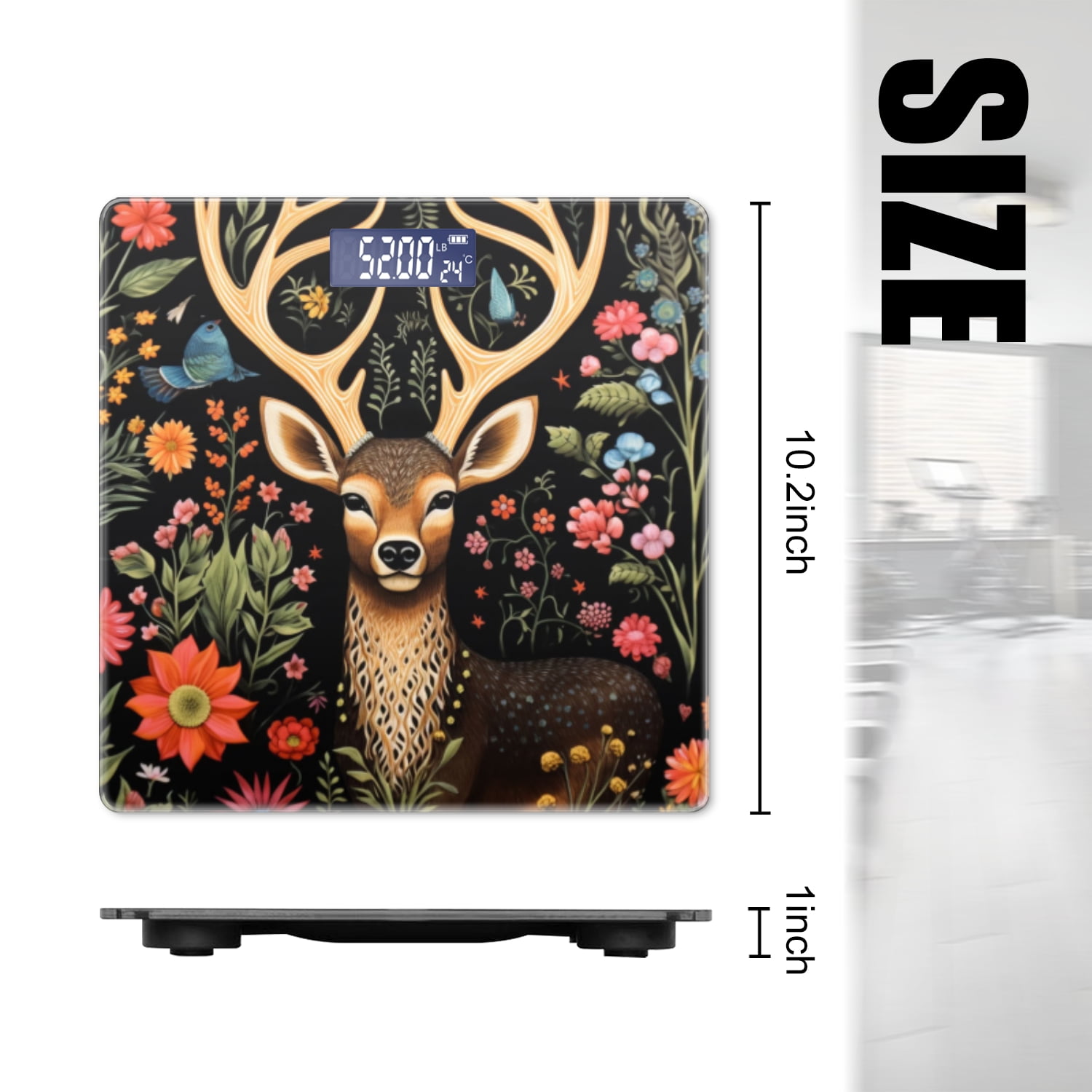 Bathroom Scale, Highly Accurate Digital Body Scale,Precisely Measures Weight up to 400 lbs-Beautiful Deer With Large Antlers Surrounded By Flowers And Birds