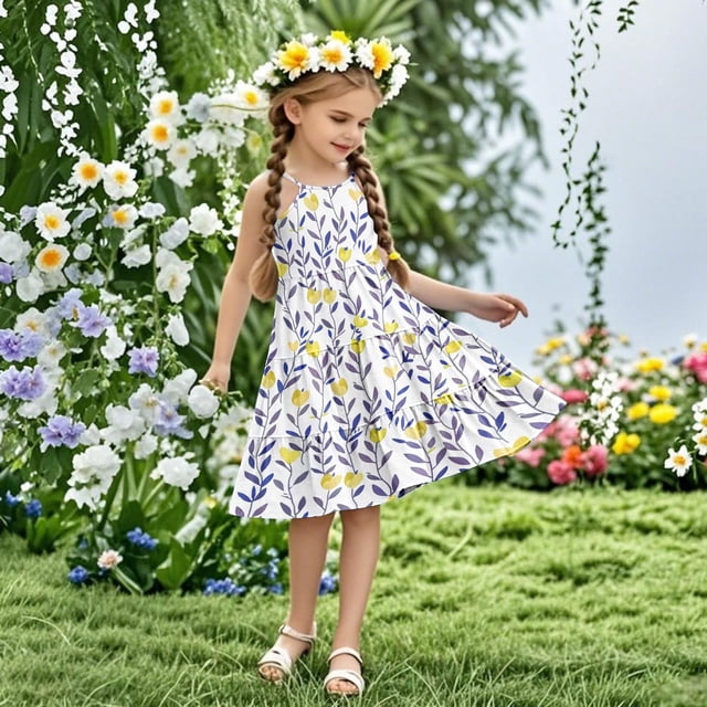 LOVZFMLL Robe d'Été Sans Manches à Bretelles Boho pour Fillettes, 4-14 Ans
