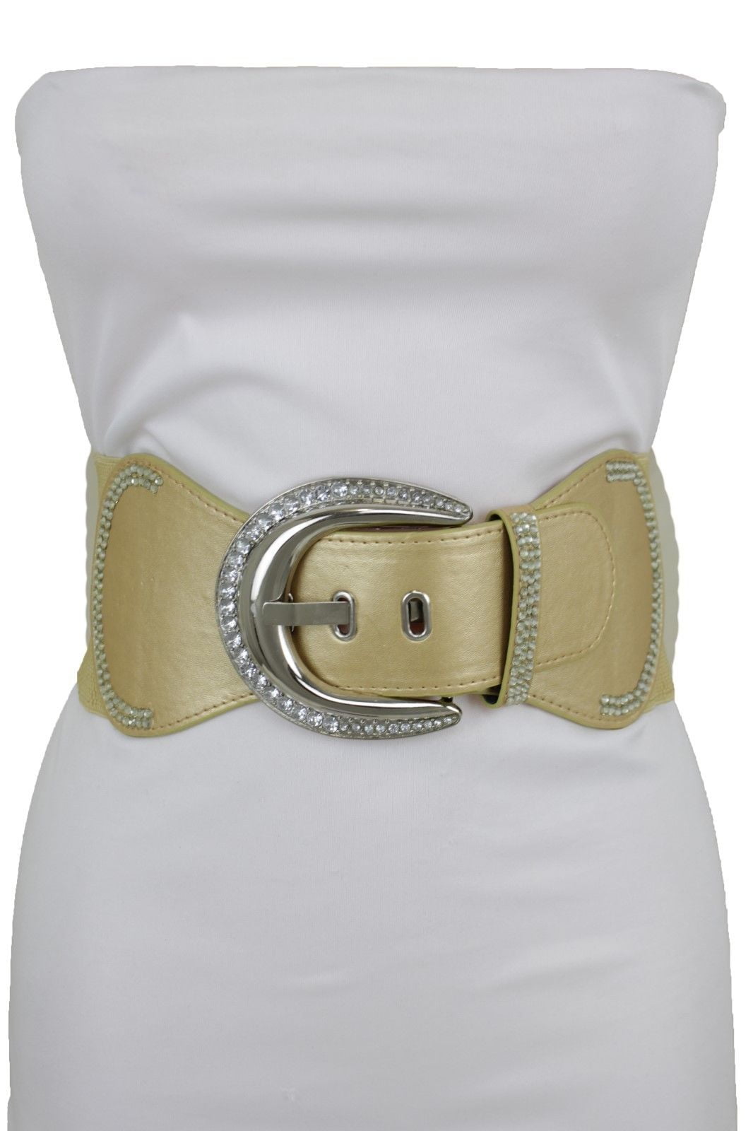 New Fashion Women Gold Stretch Wide Belt Big Silver Metal Bling Buckle