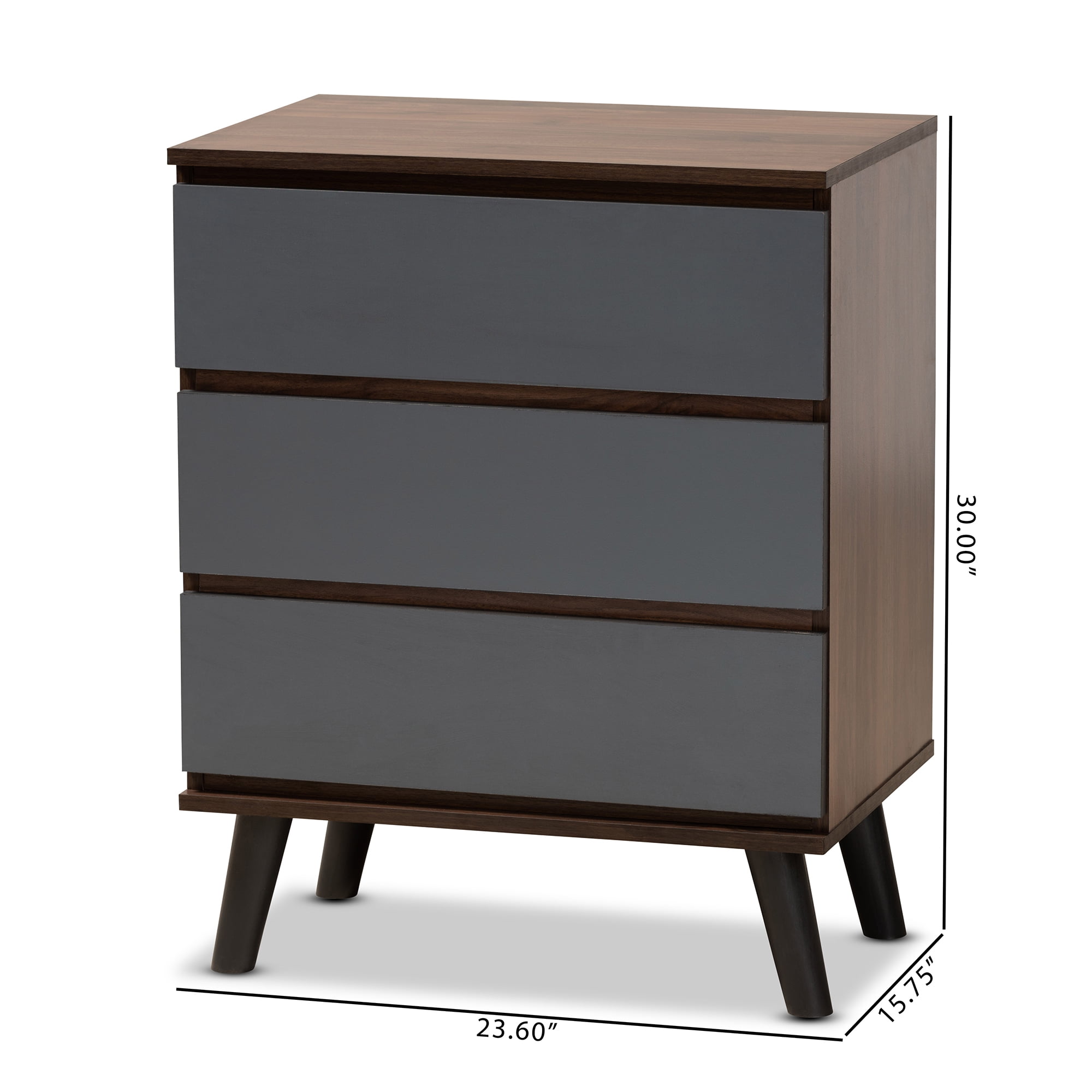 Baxton Studio Roldan 3-Drawer Dresser, Grey/Walnut Brown, 29.9" High x 23.6" Wide x 15.7" Deep