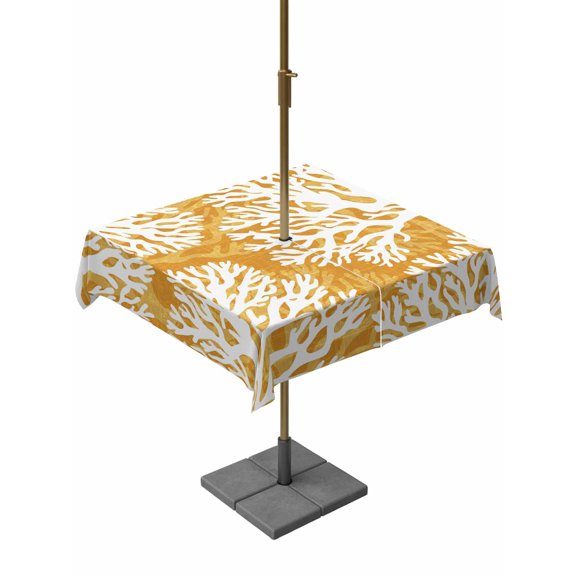 Square Outdoor Tablecloth with Umbrella Hole and Zipper 54x54 Inch, Yellow Orange Coastal Coral Waterproof Patio Table Cloth, Summer Nautical Sea Beach Ocean Washable Picnic Table Cover for Camping
