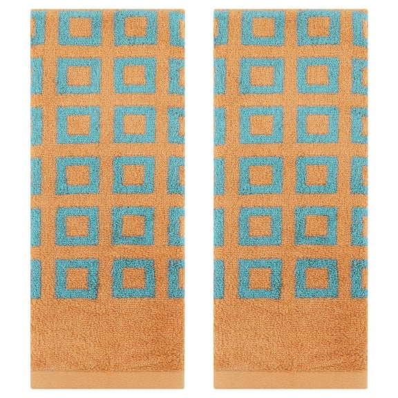 Unique Bargains Geometry Patterned Cotton Hand Towels Brown 2 Pcs