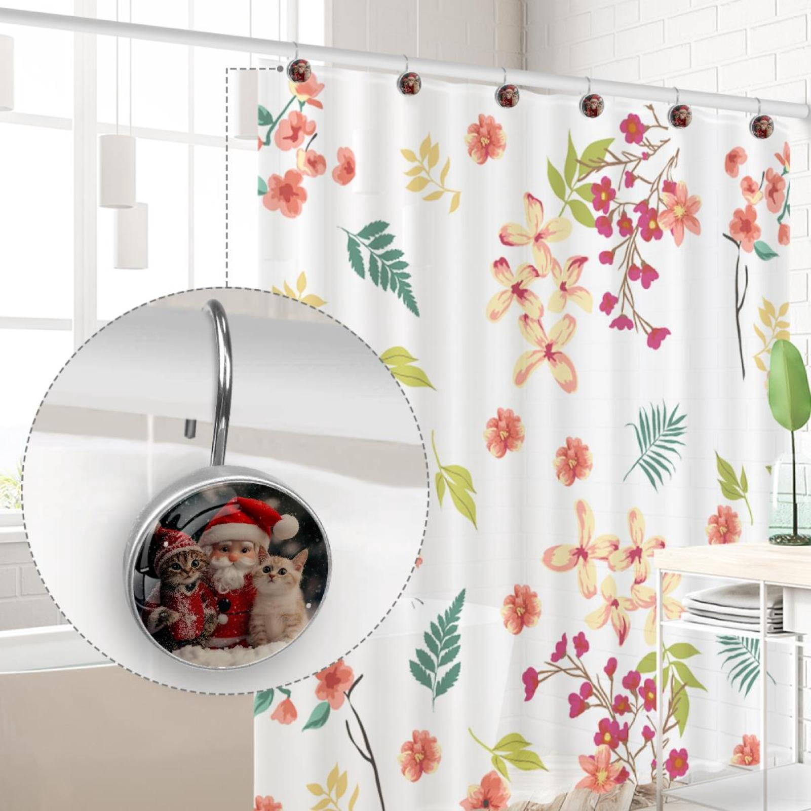 Christmas Santa and Cats Shower Curtain Hooks Round Crystal Glass, Set of 12 Shower Curtain Rings - Shower Hooks for Curtain Shower Rings
