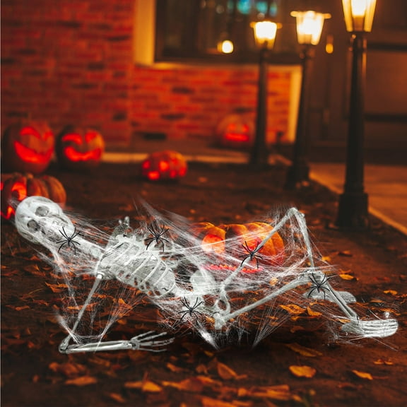 KMMYS Halloween Skeleton Prop, Full Size Human Skull Model, Anatomical Decoration, Ideal for Halloween Parties, Includes Spider Silk, Life-Size Skeleton Decor