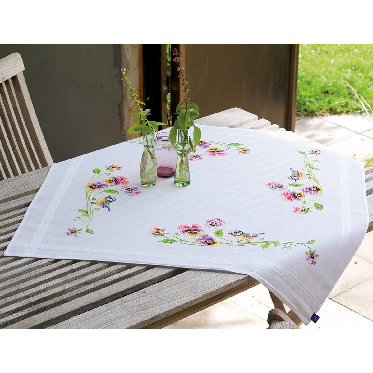 Vervaco Little Birds And Pansies Tablecloth Stamped Embroidery Kit