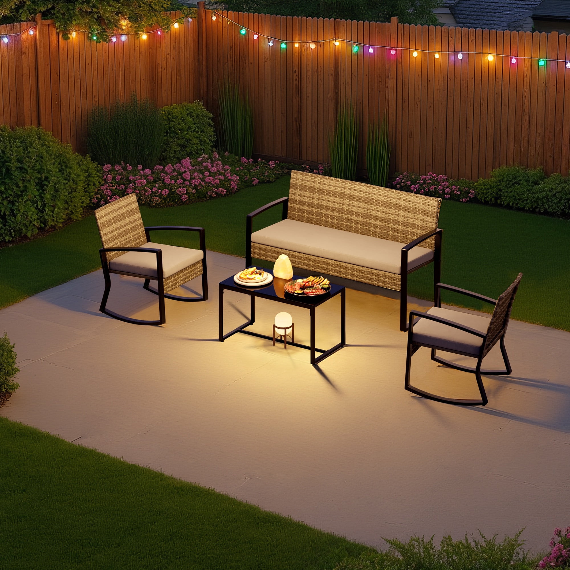 Patio Furniture Set, Lofka 4 Pieces Outdoor Conversation Set with Rattan Rocking Chairs & Loveseat, Removable Cushions for Garden Backyard, Gray